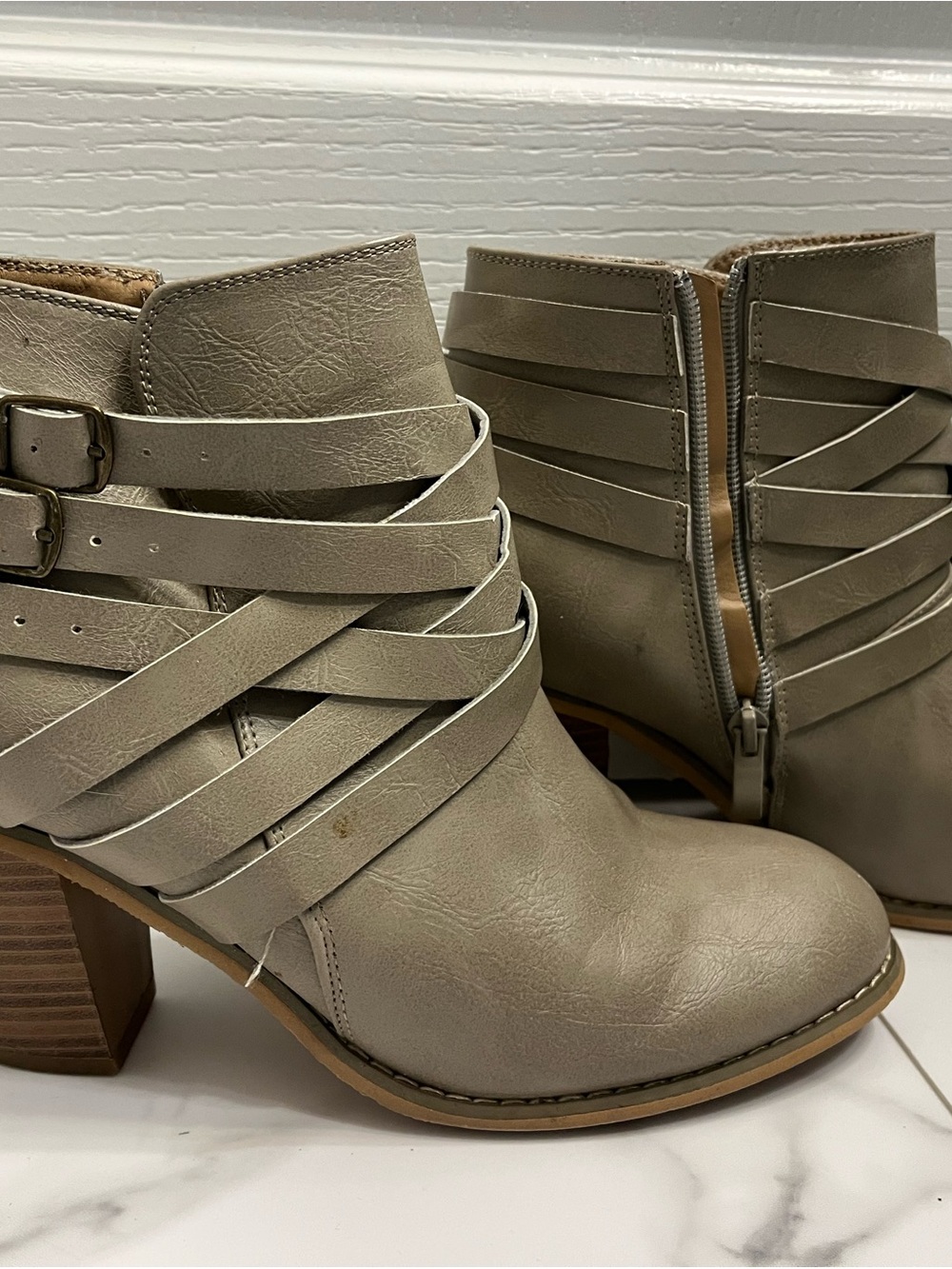Taupe Strappy Ankle Booties with Stacked Heel